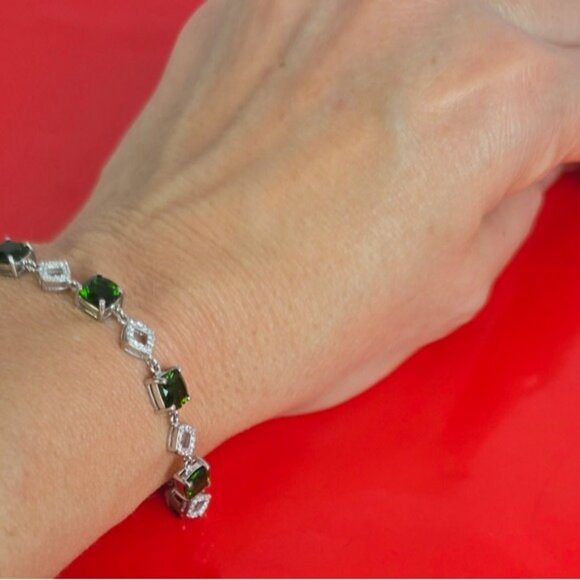 925 Sterling Slver Bracelet 7.5" with Natural Chrome Diopside Gem & Cz. - Picture 4 of 11